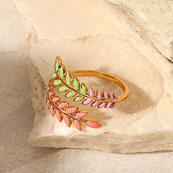Gold Plated Leaf Design Multicolor Bangle Bracelet Ring Set - Picture 7 of 15